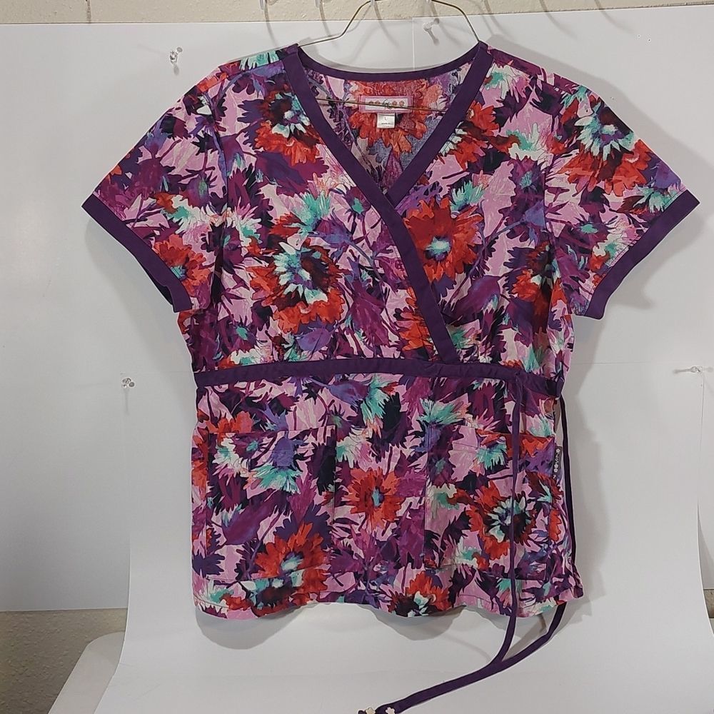 Koi Women's Purple and Pink Scrubs Top. szL